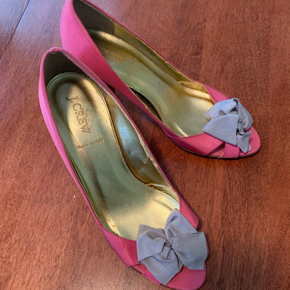 Pink J. Crew Open-Toe Heels (with Grey Bow)